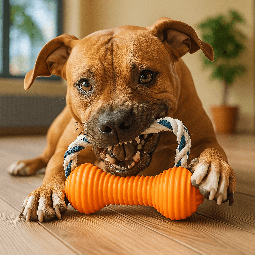 Pit bull dog biting down hard on rugged dog toys for aggressive chewers, showing intense chewing behavior on a living room floor.