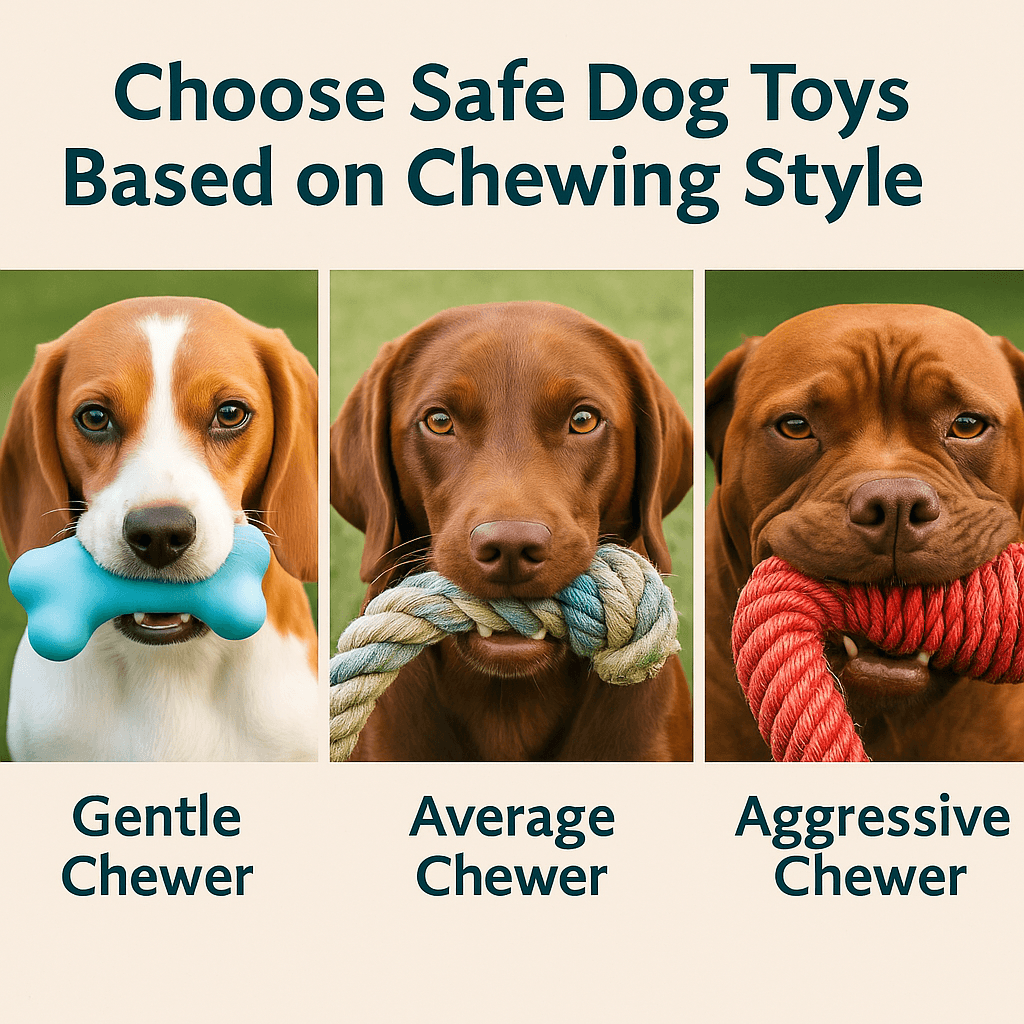 Dogs chewing various safe toys based on chewing style, including soft, rope, and textured options.