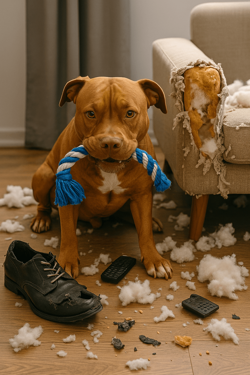 A muscular brown dog surrounded by shredded furniture and toy remains, humorously exaggerating the damage caused by a destructive chewer.